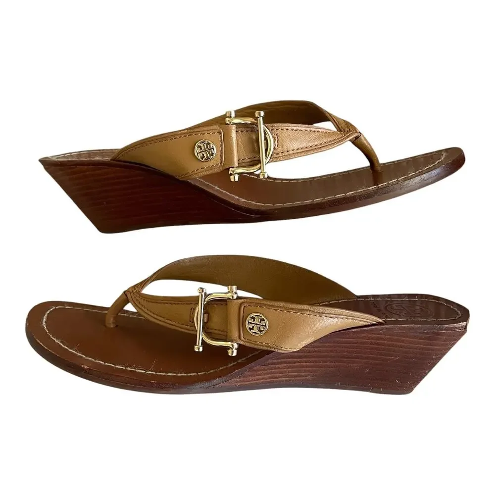 TORY BURCH Nora Mestico Size 7.5 Brown Tan Leather Slip-On Thong Wedge Sandals